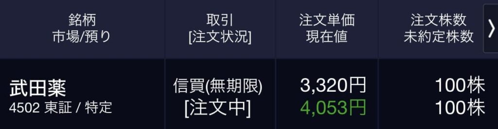 (4502)武田薬品王業 東証 実際の指値信用買い注文の画像