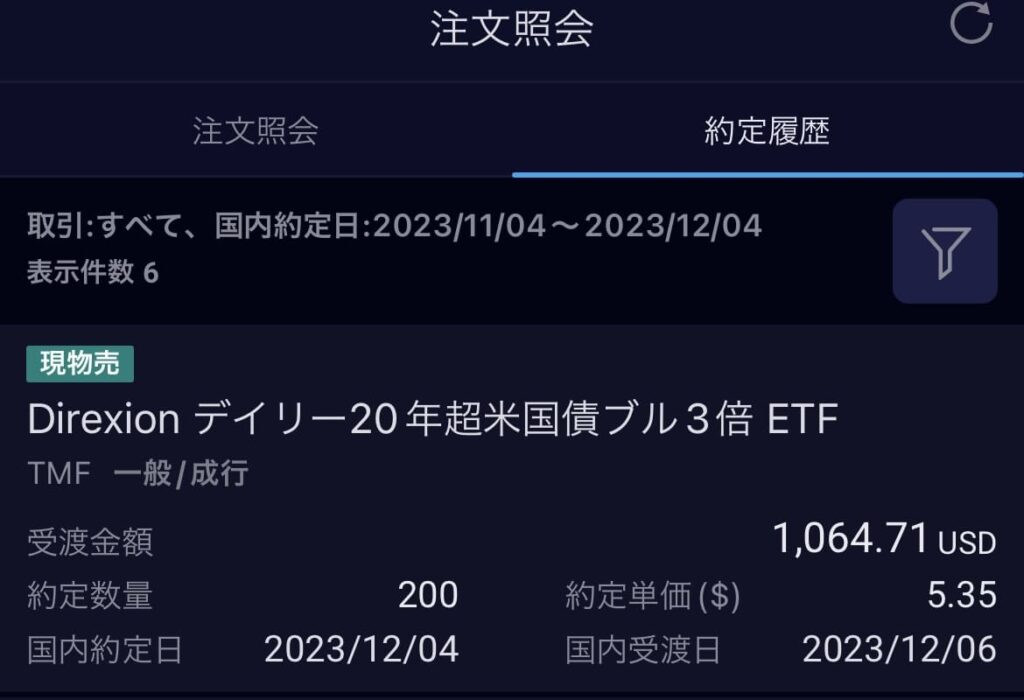 米国債券 ETF TMF Direxionデイリー20年超米国債ブル3倍ETF 2023年12月2日 SBI証券にて200債券分の保有ポジションの売却約定時の履歴画像